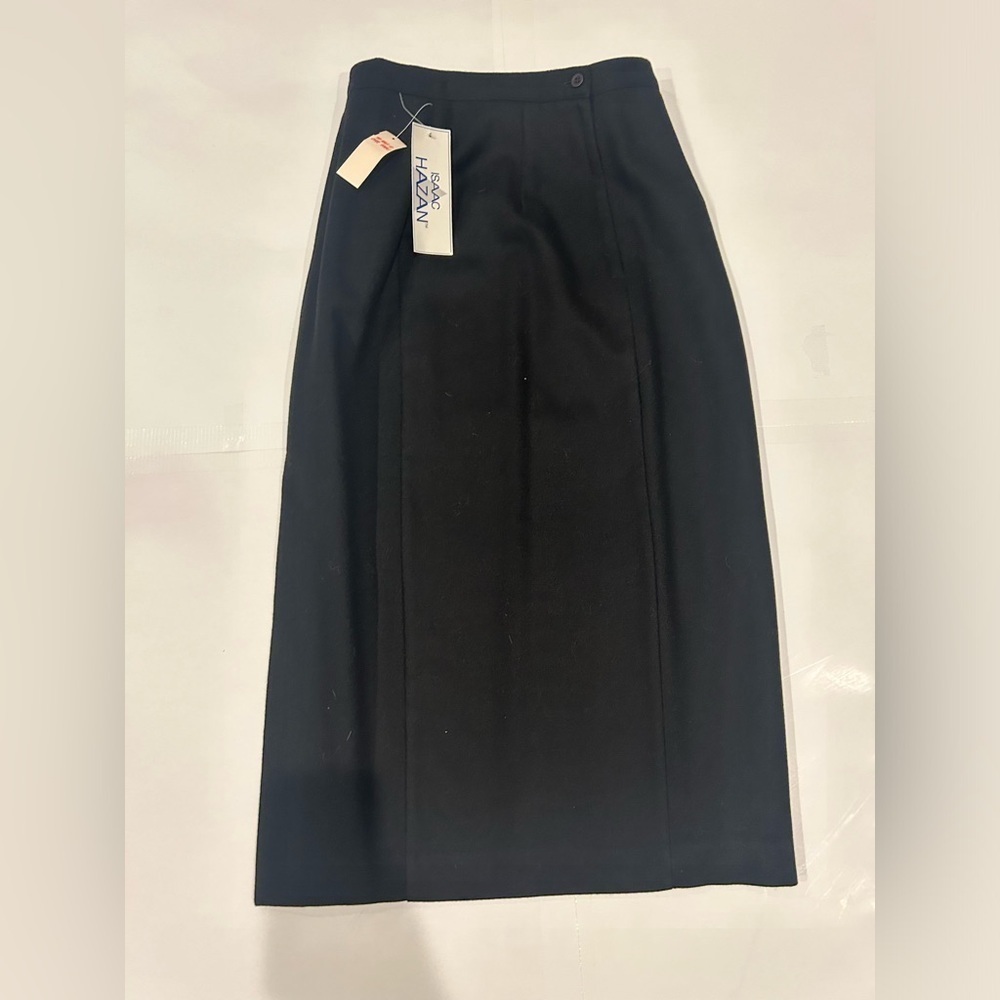 Isaac Hazan Midi Skirt Wool Women’s 10 Black Side Slit Zipper Button